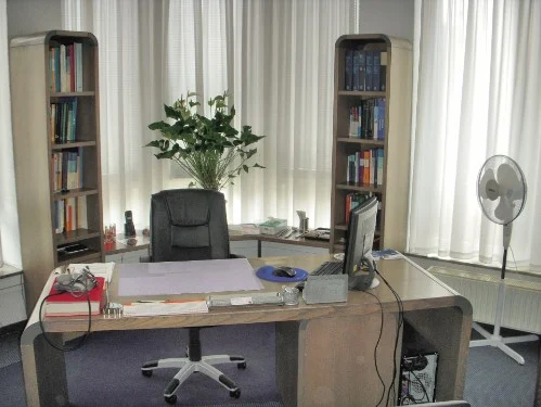 Sprechzimmer mit Schreibtisch und Bücherregalen